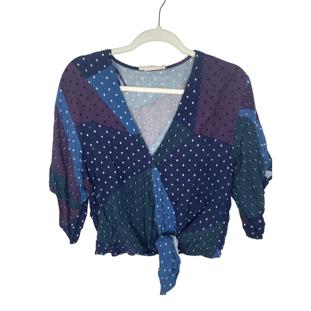 𝅺LOVESTITCH Boho Peasant Top With Bell Sleeves Jewel Tone Diamond Print Small